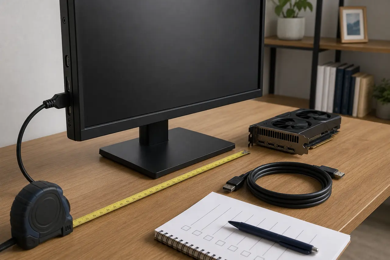Ungebrandeter Monitor neben Grafikkarte, Displaykabel, Maßband und leerer Angebotscheckliste