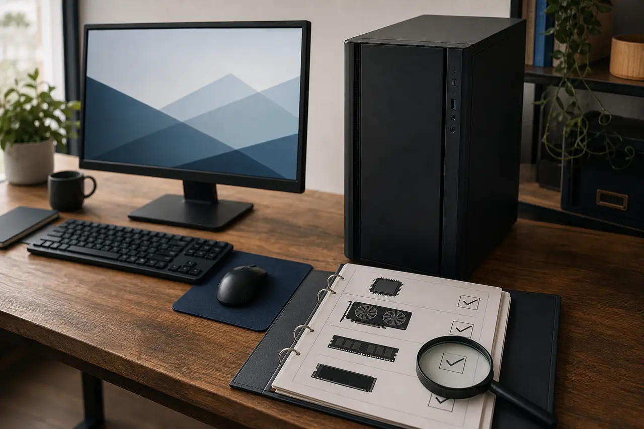 Ungebrandeter Desktop-PC neben einer leeren Komponenten-Checkliste für Prozessor, Grafik, Arbeitsspeicher und SSD