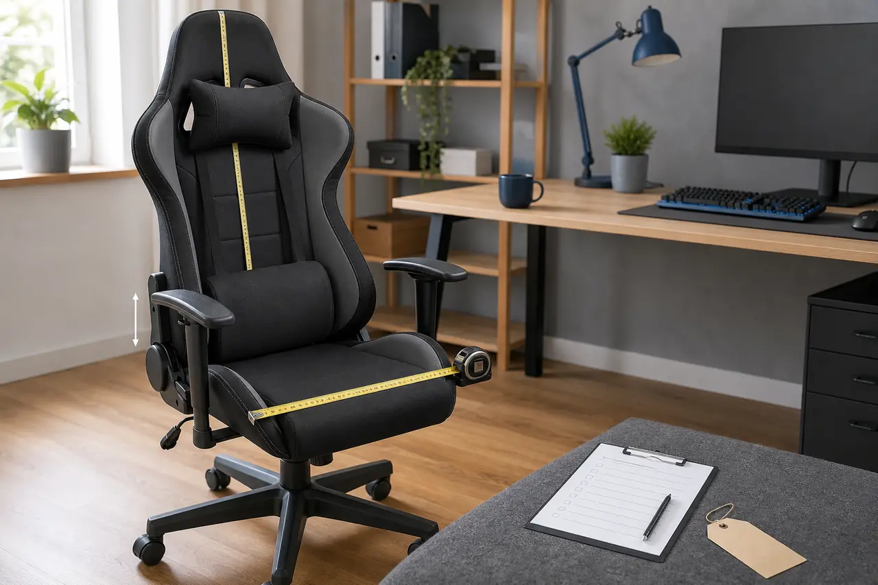 Schwarzer Gaming-Stuhl mit Maßbändern, Checkliste und leerem Preisschild