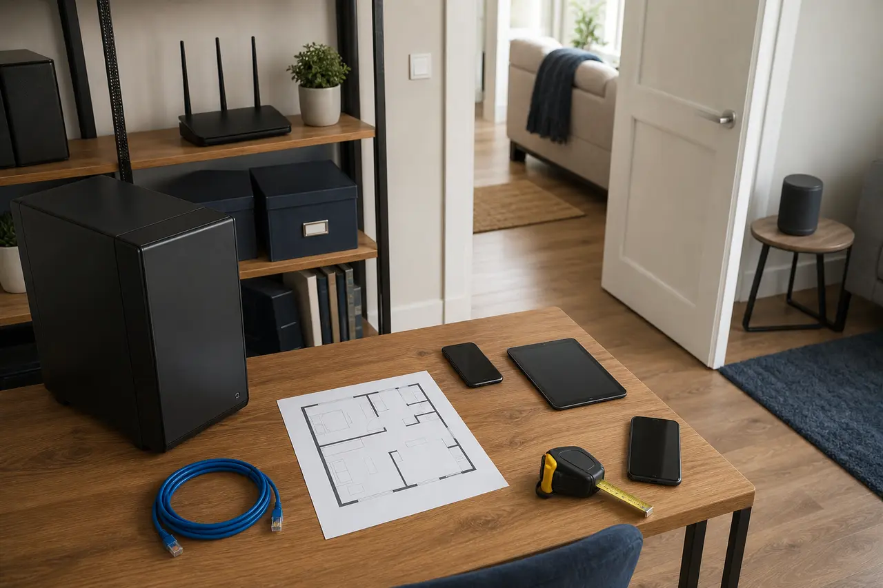 Wohnungsgrundriss mit offen platziertem Router, Desktop-PC, mobilen Geräten, Maßband und Ethernetkabel