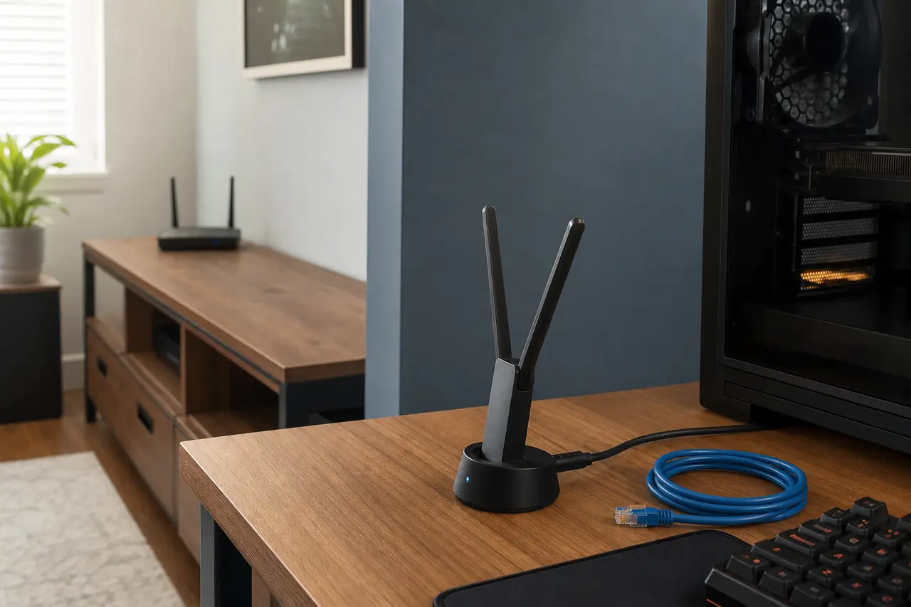 WLAN-USB-Adapter zwischen Gaming-PC und Router mit markierten Hindernissen und zwei möglichen Antennenpositionen