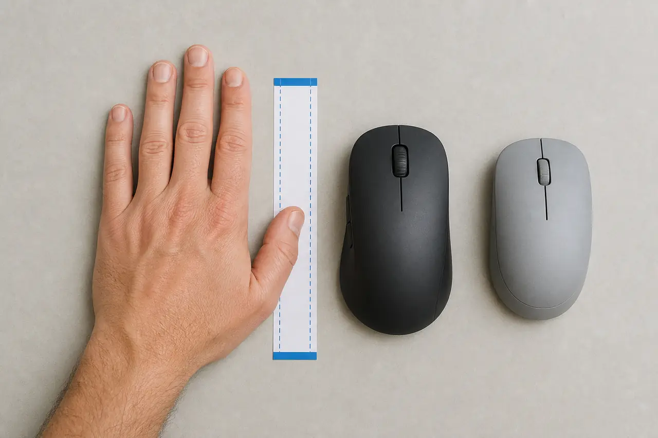 Flach aufgelegte Hand neben einer Messhilfe und zwei unterschiedlich geformten Computermäusen