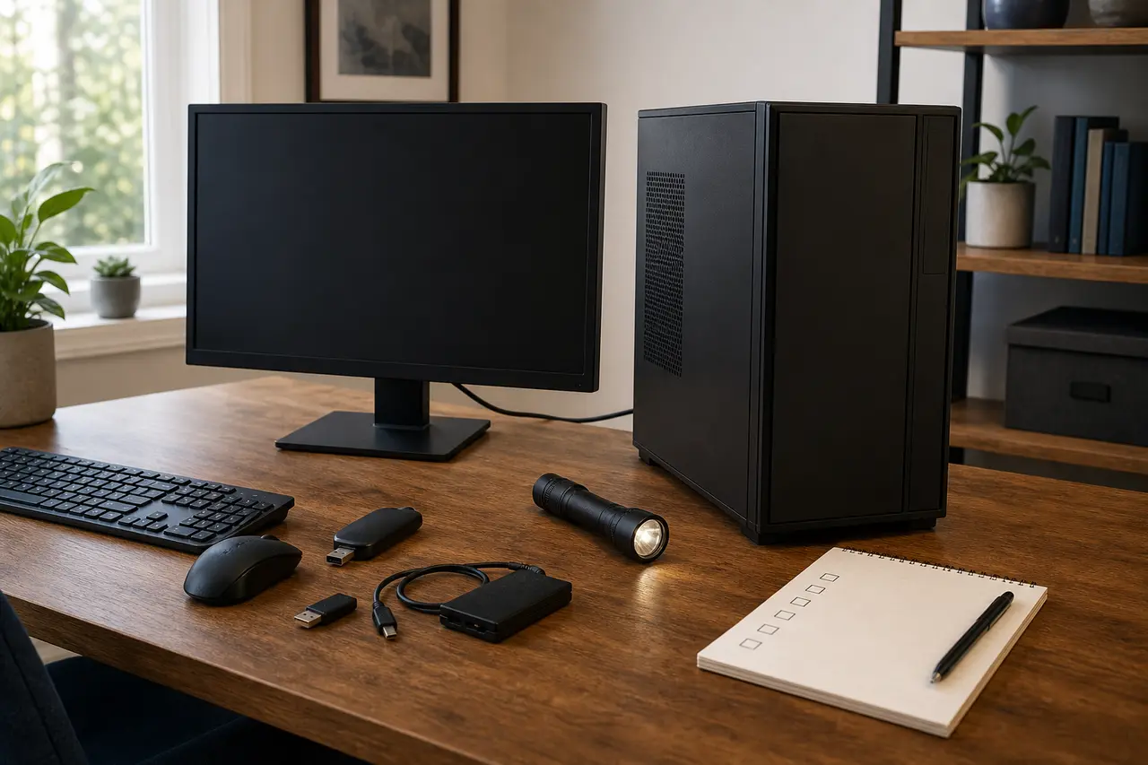 Desktop-PC und Monitor neben einer Checkliste mit vier getrennten Fehlersymptomen