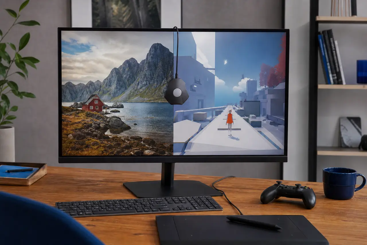 Monitor mit Landschaftsfoto und Spielszene, davor hängt ein Farbmessgerät